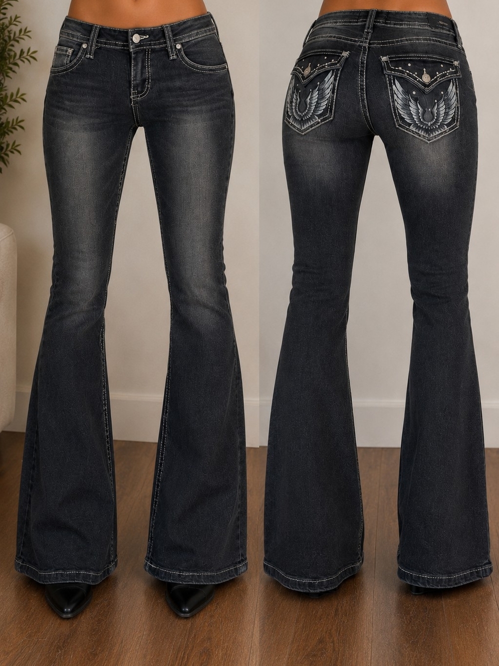 Refuge Denim Dark Wash Flare Jeans Size 3 Y2K Wing Pocket